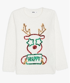 GEMO Pull de Noël fille en maille duveteuse et motif Noël en sequins Beige