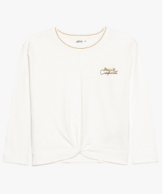 GEMO Tee-shirt fille avec touches pailletées et effet noué dans le bas blanc chine