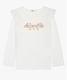 tee-shirt fille en crepe extensible a epaules volantees et inscription pailletee beigeA191301_1
