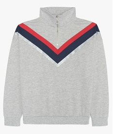 GEMO Sweat fille à col montant avec motif tricolore en forme de V Gris