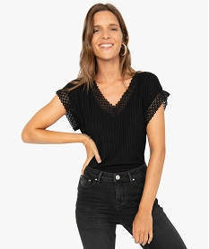 GEMO Tee-shirt femme à manches courtes avec col V en dentelle Noir