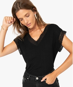 tee-shirt femme a manches courtes avec col v en dentelle noirA205201_2