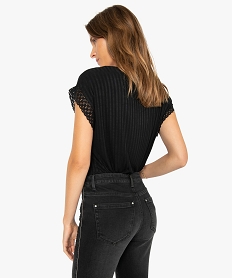 tee-shirt femme a manches courtes avec col v en dentelle noirA205201_3