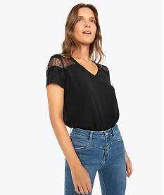 tee-shirt femme a manches courtes avec epaules en dentelle noirA213601_1