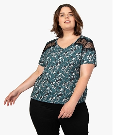 tee-shirt femme bi-matiiere avec motifs fleuris sur lavant et dentelle imprimeA214901_1