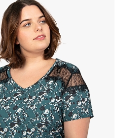 tee-shirt femme bi-matiiere avec motifs fleuris sur lavant et dentelle imprimeA214901_2