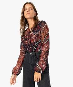 GEMO Blouse femme en mousseline imprimée à col effet plastron Imprimé