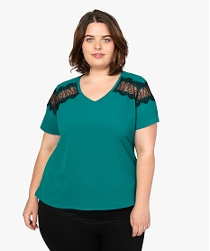 GEMO Tee-shirt femme bi-matières avec dentelle contrastante Vert
