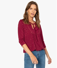 blouse femme stretch a decollete plastron et motifs dores rougeA217901_1