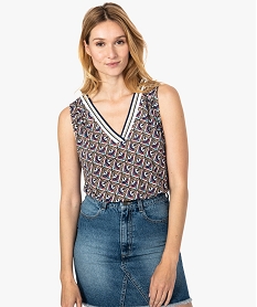 GEMO Débardeur femme fluide imprimé à col rayé pailleté Bleu