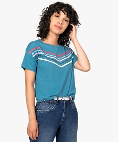 tee-shirt femme avec inscriptions et bandes colorees bleuA221901_1