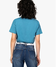 tee-shirt femme avec inscriptions et bandes colorees bleuA221901_3