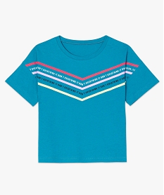 tee-shirt femme avec inscriptions et bandes colorees bleuA221901_4