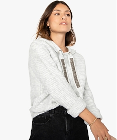 GEMO Pull femme court à capuche avec cordon à strass Gris