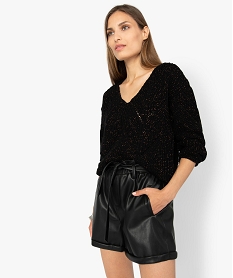 GEMO Pull femme en grosse maille fantaisie ajourée et pailletée Noir