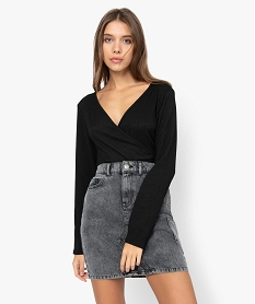 GEMO Tee-shirt femme en crêpe effet cache-cœur Noir