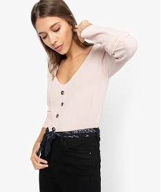 GEMO Tee-shirt femme à manches longues et faux boutons Rose