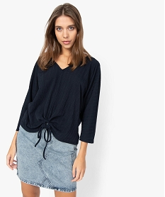 GEMO Tee-shirt femme ample à manches 34 et lacet à nouer Bleu