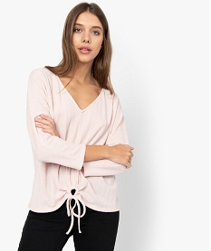 GEMO Tee-shirt femme ample à manches 34 et lacet à nouer Rose