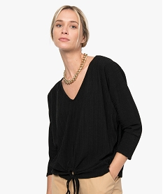 GEMO Tee-shirt femme ample à manches 34 et lacet à nouer Noir