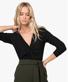 GEMO Tee-shirt femme en maille froissée avec effet noué sur lavant Noir