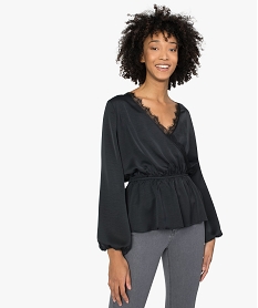 GEMO Tee-shirt femme fluide à manches longues col cache-cœur Noir