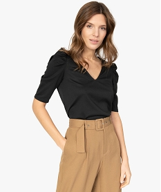 GEMO Tee-shirt femme avec manches bouffantes et col V Noir