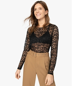 GEMO Blouse femme en dentelle transparente avec dos en V Noir