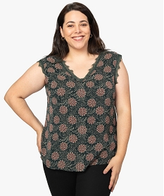 GEMO Blouse femme sans manches à motifs fleuris et fil pailleté kaki fonce