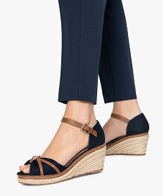 GEMO Sandales femme à talon compensé et dessus toile drapée Bleu