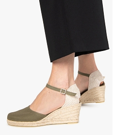 GEMO Sandales femme en toile et talon compensé en corde kaki standard