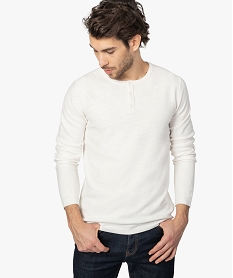 GEMO Pull homme en coton avec col tunisien Blanc