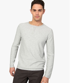 GEMO Pull homme en coton avec col tunisien Gris