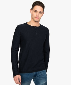 GEMO Pull homme en coton avec col tunisien Bleu