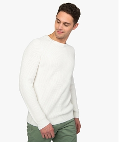 GEMO Pull homme en maille en coton avec manches raglan Blanc