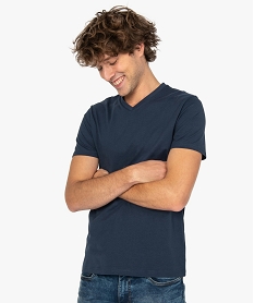 GEMO Tee-shirt homme uni à col V en coton bio Bleu
