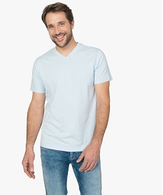 GEMO Tee-shirt homme uni à col V en coton bio Bleu