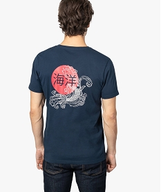 tee-shirt homme en coton a motif japonais devant et dos bleuA445901_3