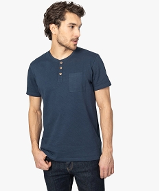 GEMO Tee-shirt homme col tunisien en coton texturé Bleu