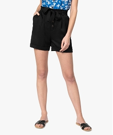 short femme uni avec taille elastiquee et ceinture a nouer noir shortsA451401_1