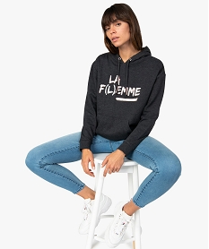 sweat femme a capuche avec inscription fantaisie grisA453301_1