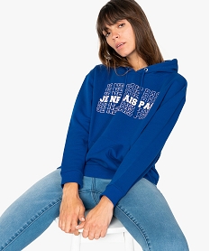 GEMO Sweat femme à capuche avec inscription fantaisie Bleu