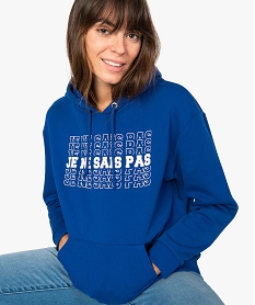 sweat femme a capuche avec inscription fantaisie bleuA453501_2