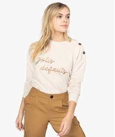 GEMO Sweat femme léger brodé devant et boutonné sur lépaule Beige