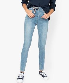 GEMO Jean femme coupe slim avec taille haute et ceinture à double boucle Bleu