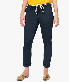 GEMO Pantalon femme en coton stretch avec ceinture à nouer Bleu