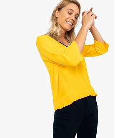 GEMO Blouse femme unie avec col en V contrastant Jaune