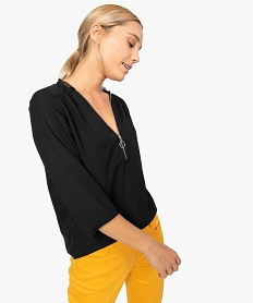 GEMO Blouse femme avec col v zippé et empiècement dentelle Noir
