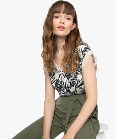 GEMO Tee-shirt femme imprimé avec touches de dentelle violet chine