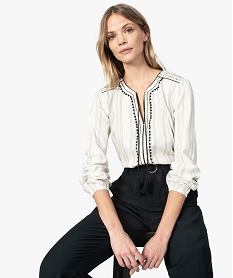 GEMO Blouse femme en coton avec rayures et broderies Imprimé